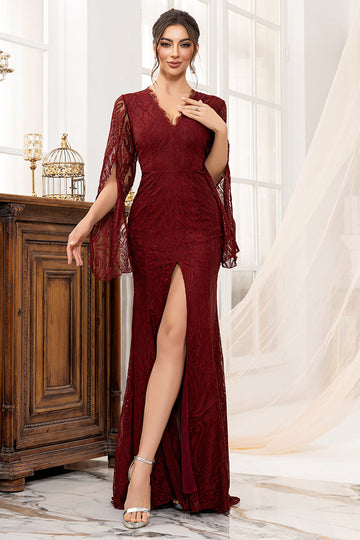 Burgundy Lace Mermaid Long Sleeves Mother of the Bride Dress with Slit